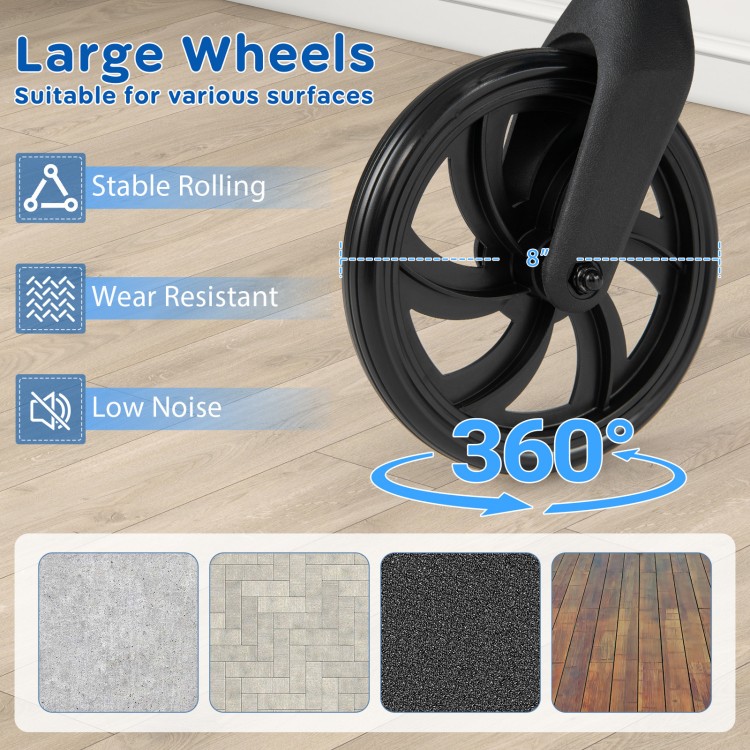 Close-up of the large 8-inch wheels on a blue rollator walker, featuring wear-resistant and low-noise design for stable.