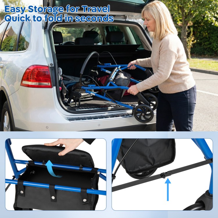 Rollator walker with seat in blue, featuring quick folding for travel and adjustable handles, ideal for various.