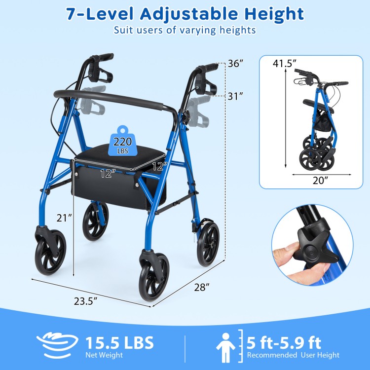 Blue rollator walker with seat, 7 adjustable height settings, sturdy frame, and storage bag for personal belongings.