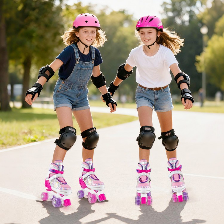 Two girls roller skating in adjustable rose red skates with light-up wheels, perfect for ages 13+, outdoors on a sunny.