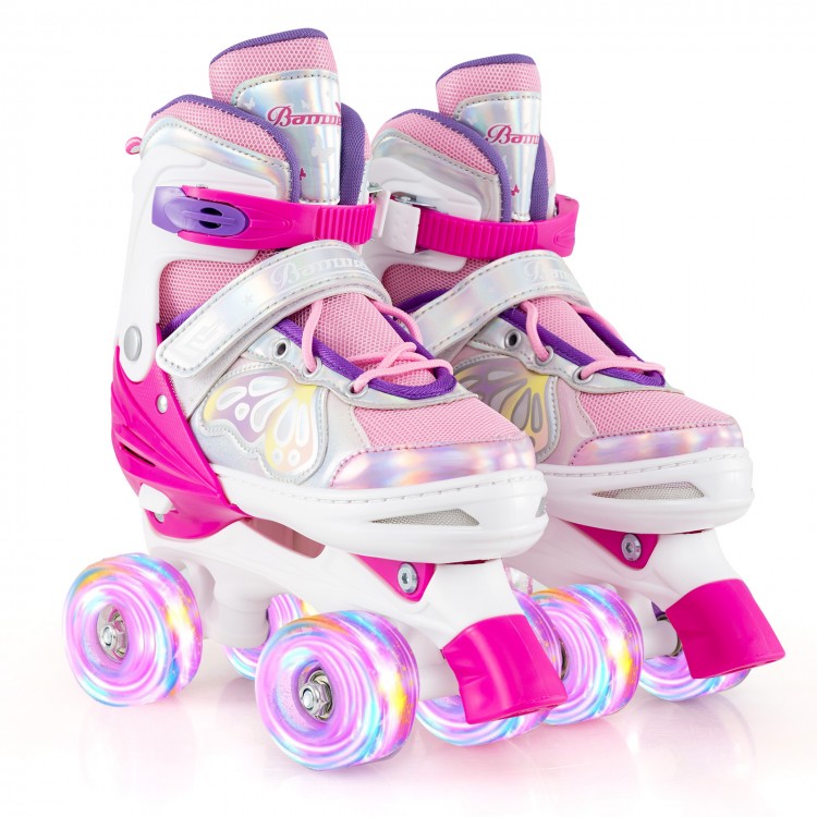 Adjustable roller skates for teens in rose red with colorful light-up wheels, designed for ages 13+ for fun and safety.