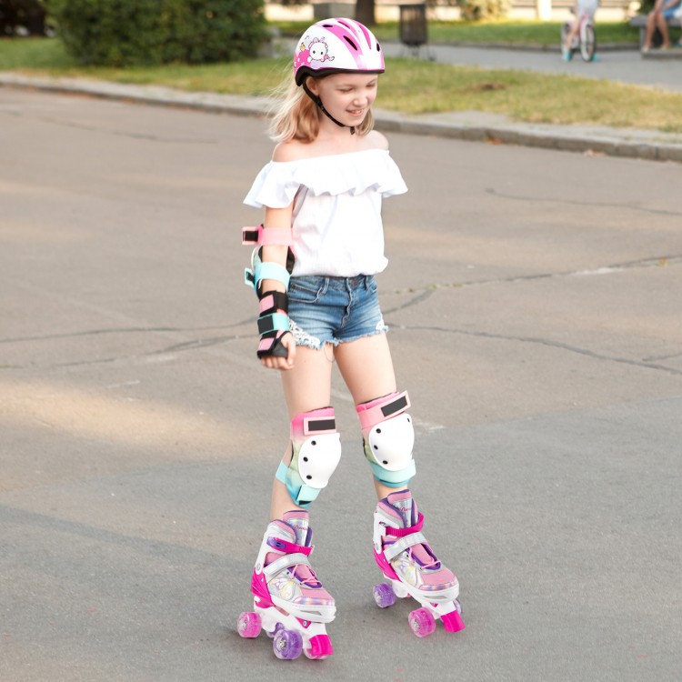 Adjustable roller skates in rose red with light-up wheels, designed for teens, featuring a breathable mesh liner and.