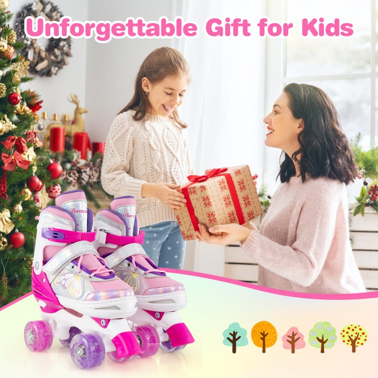 Adjustable roller skates in rose red with light-up wheels, perfect for kids ages 13+, enhancing balance and fun.