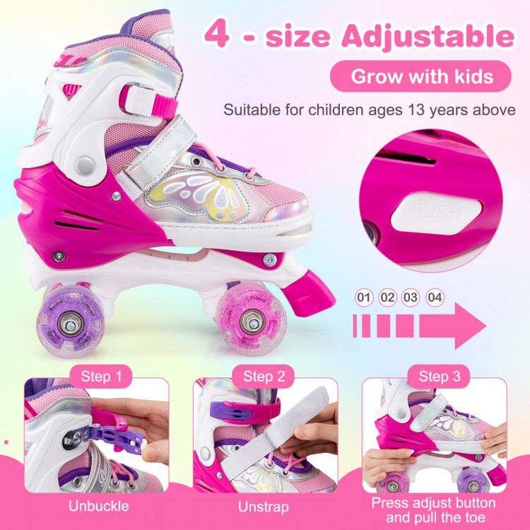 Adjustable roller skates in rose red with light-up wheels, designed for teens ages 13+, featuring a secure strap and.