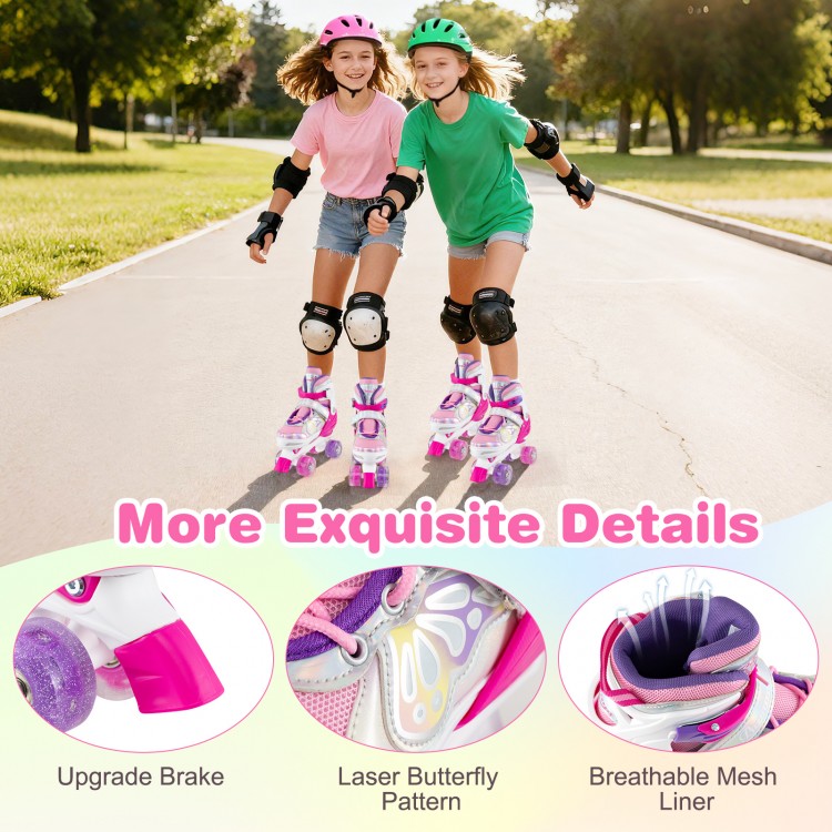 Adjustable roller skates for teens in rose red with light-up wheels, featuring breathable mesh liner and laser.