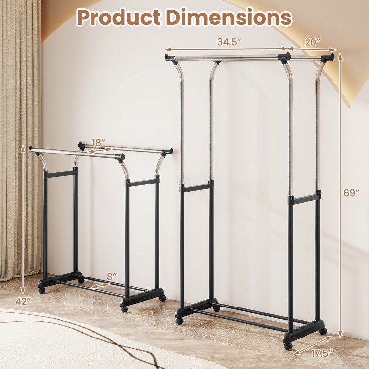 Double rod garment rack with adjustable height, featuring smooth-rolling casters for easy mobility and organization.