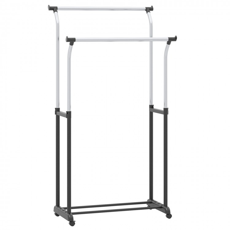 Double rod garment rack with adjustable height, heavy-duty metal construction, and smooth-rolling casters for easy.