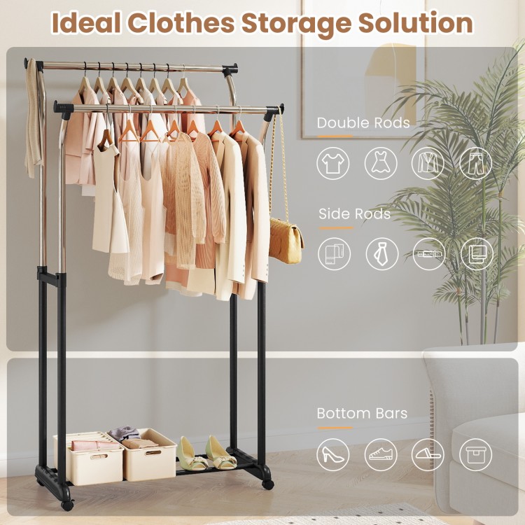 Rolling clothes rack with double rods, adjustable height, and smooth-rolling casters for versatile garment storage.