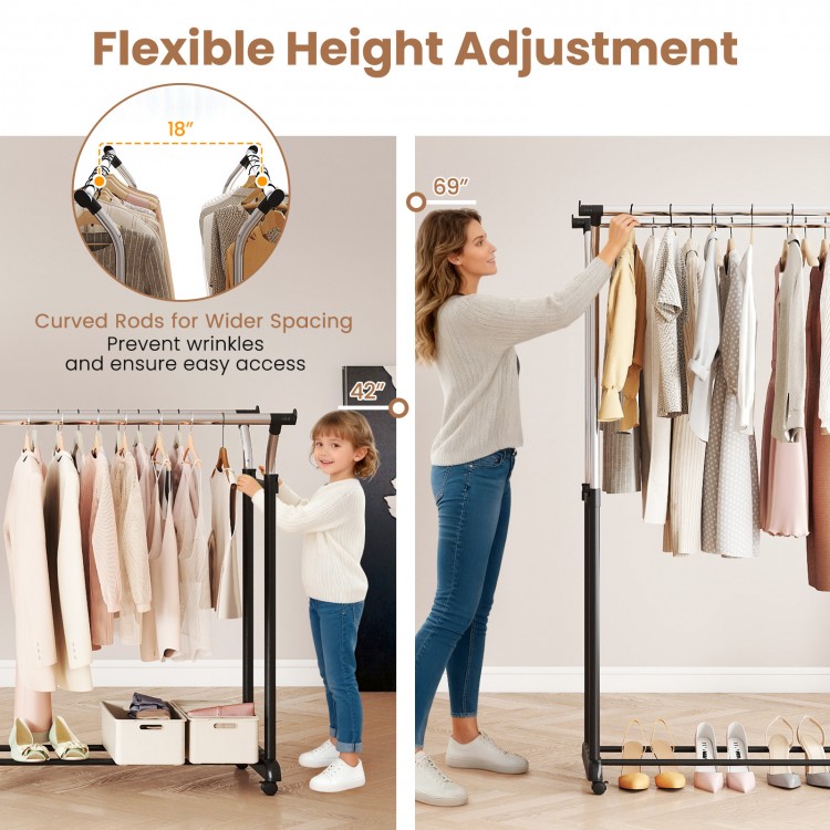 Rolling clothes rack with adjustable height from 42" to 69", featuring curved rods for wrinkle prevention and smooth.
