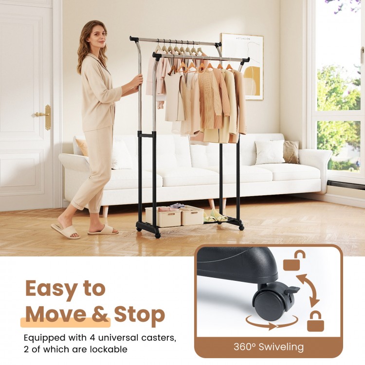 Rolling clothes rack with double rods, adjustable height, and 4 smooth-rolling casters for easy movement and stability.