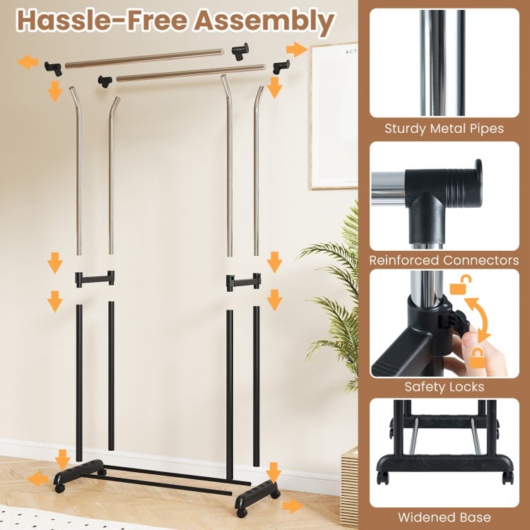 Double rod garment rack with adjustable height, sturdy metal construction, and smooth-rolling casters for easy mobility.