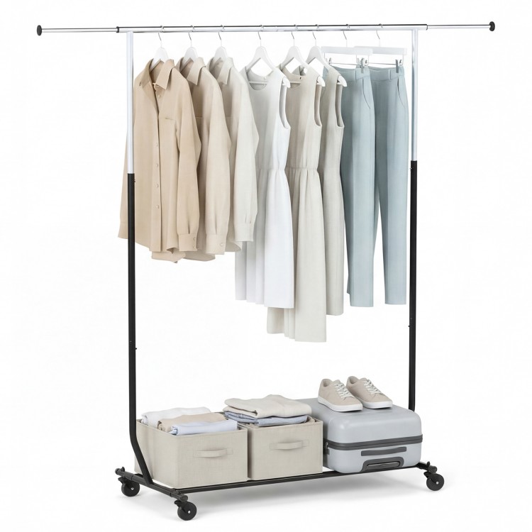 Extendable rolling clothes rack with hanging shirts and pants, featuring storage bins and suitcase for versatile use.