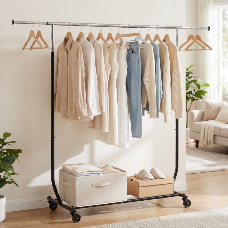 Extendable rolling clothes rack with hanging capacity and storage bins, ideal for laundry and bedroom organization.