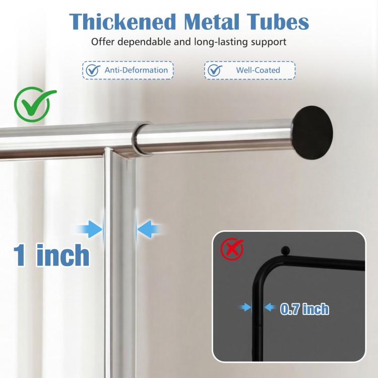 Thickened metal tubes of the rolling clothes rack provide strong support, featuring a 1-inch diameter for durability.