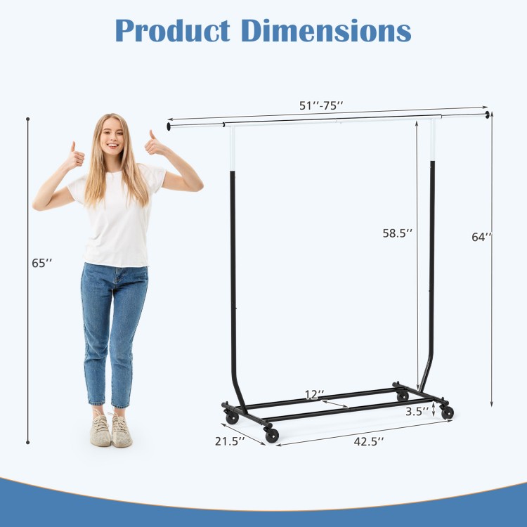 Rolling clothes rack with adjustable top rod, sturdy metal frame, and wheels for easy mobility in laundry or bedroom.