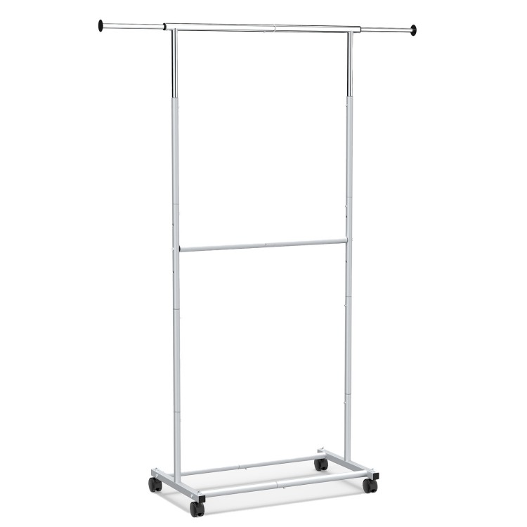 Double-rod extendable garment stand with wheels, adjustable height, and extra storage for versatile clothing.