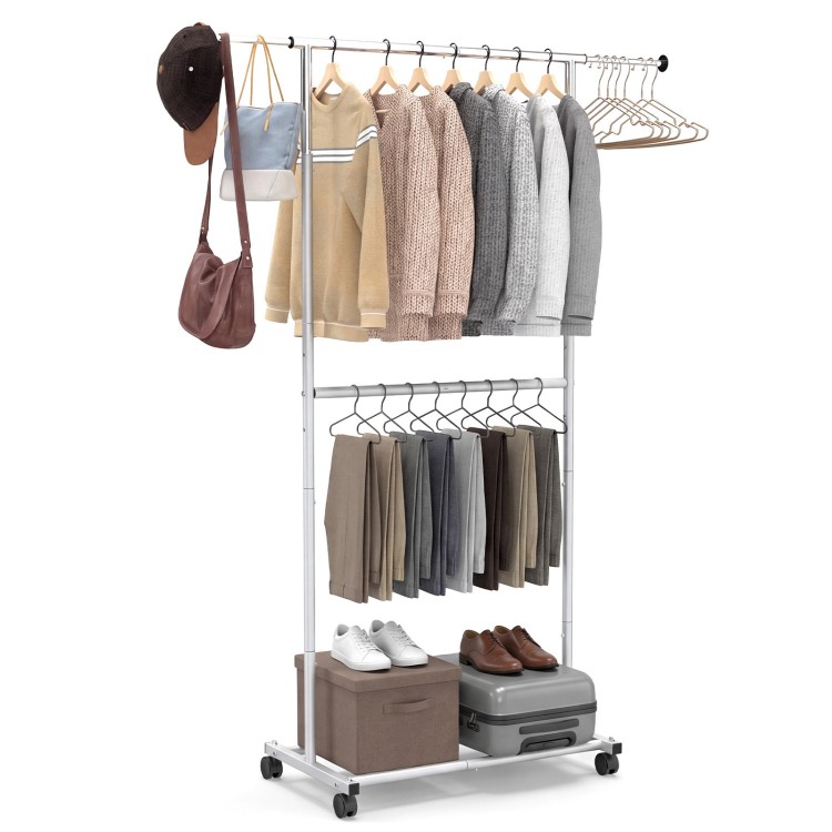 Rolling clothes rack with double rods, adjustable height, and wheels for easy mobility, ideal for laundry or bedroom.