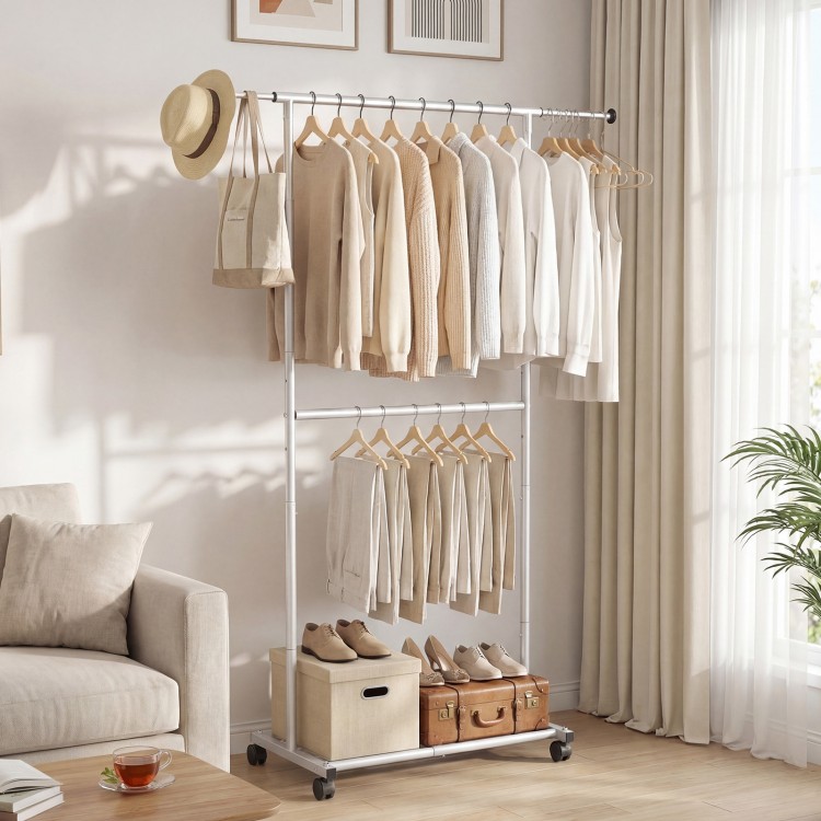 Double-rod rolling clothes rack with extendable top rod, adjustable height, and extra storage for versatile.
