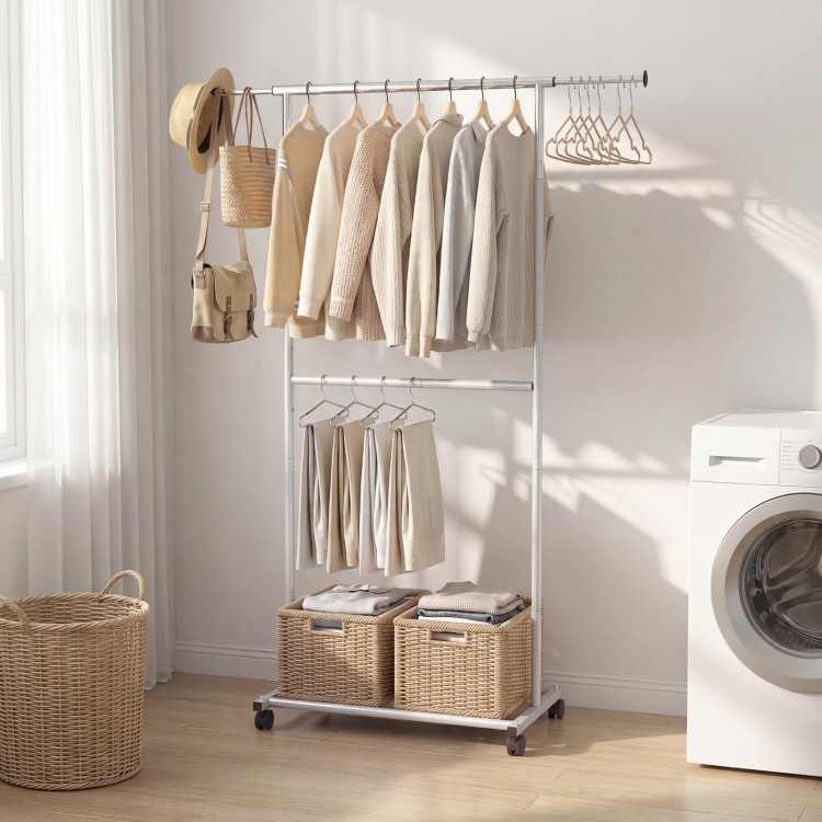 Double-rod rolling clothes rack with extendable top rod, adjustable height, and baskets for versatile storage in any.