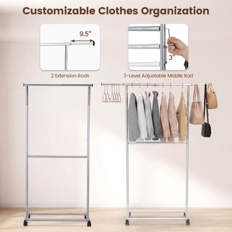 Rolling clothes rack with double rods, adjustable height, and wheels for easy mobility, ideal for laundry rooms and.