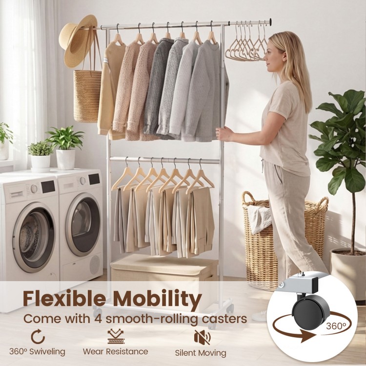 Double-rod rolling clothes rack with adjustable height and 4 smooth-rolling casters for versatile storage in any room.