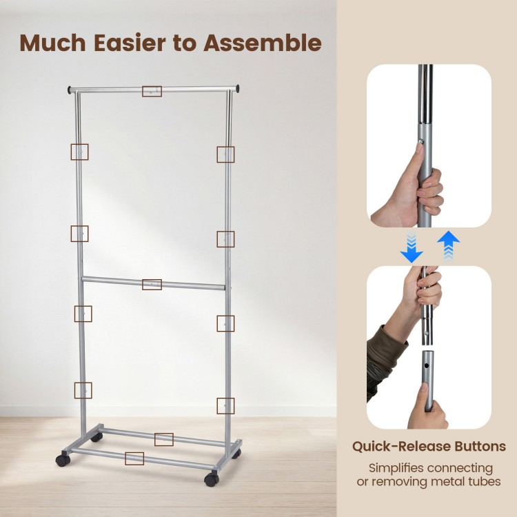 Rolling clothes rack with double-rod design, adjustable height, and quick-release buttons for easy assembly and.