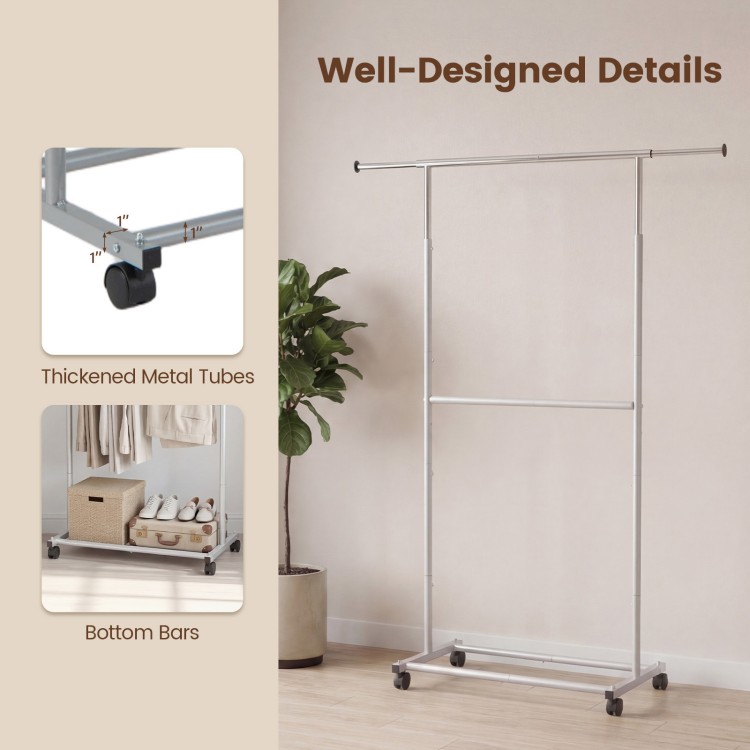 Rolling clothes rack with double rods and adjustable height, featuring thickened metal tubes and wheels for easy.