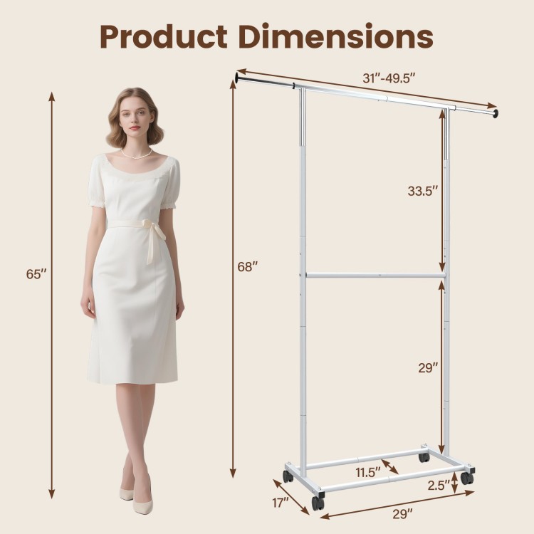 Rolling clothes rack with double-rod design, adjustable height, and wheels for easy mobility, ideal for laundry rooms.