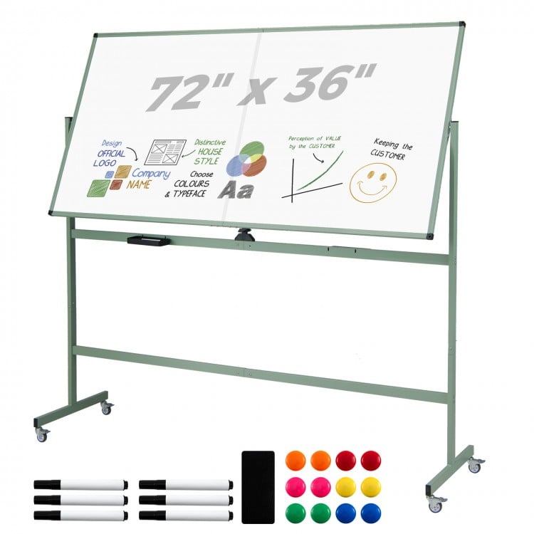 Rolling double-sided magnetic whiteboard with aluminum alloy frame, 72" x 36", on wheels for office or classroom use.