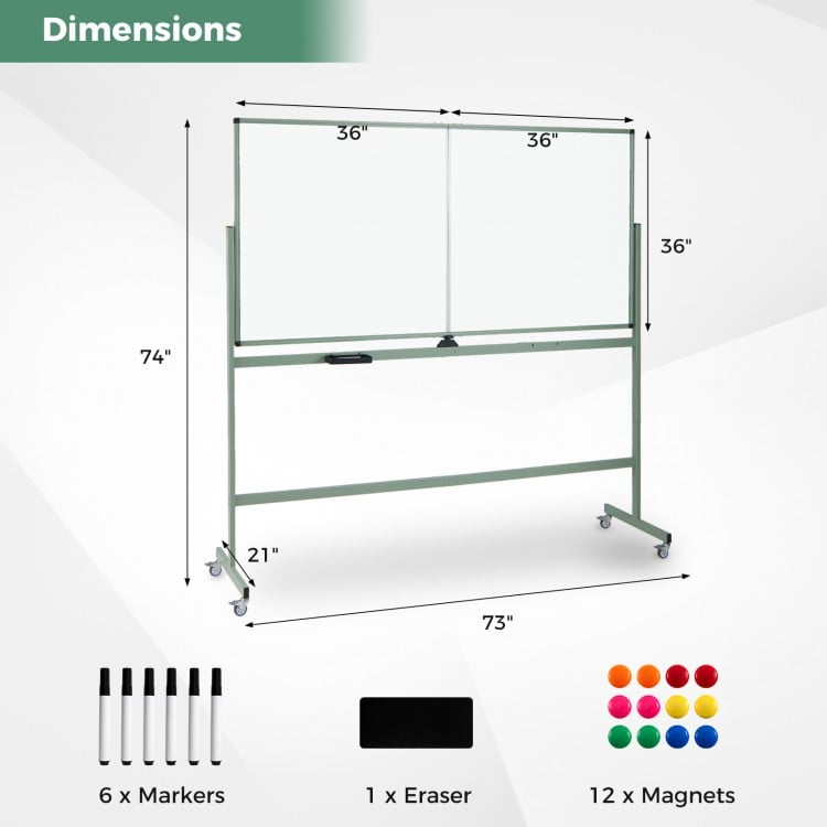 Rolling double-sided magnetic whiteboard on wheels, 74" tall, with aluminum alloy frame, ideal for office and classroom.