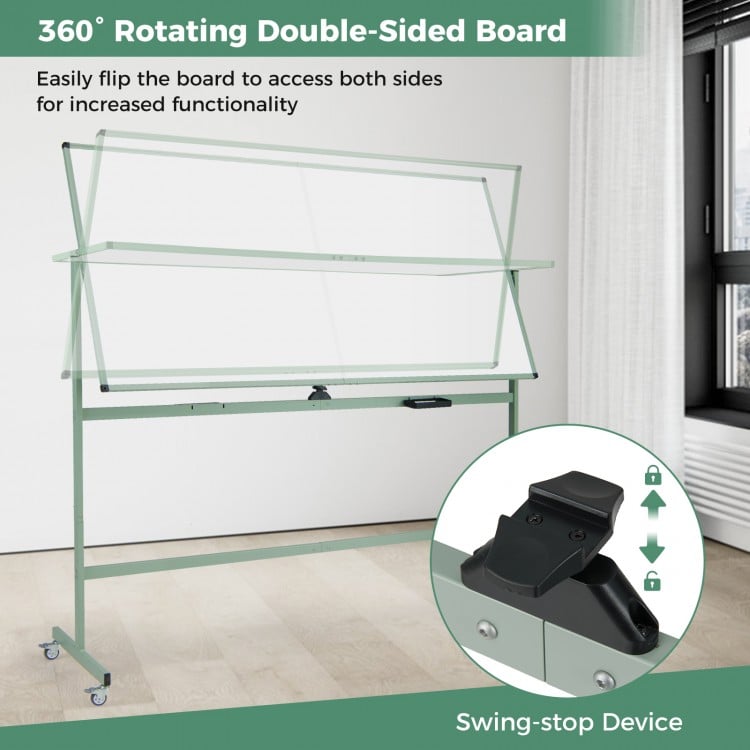 Rolling double-sided magnetic whiteboard on wheels with aluminum frame, featuring 360° rotation and swing-stop device.