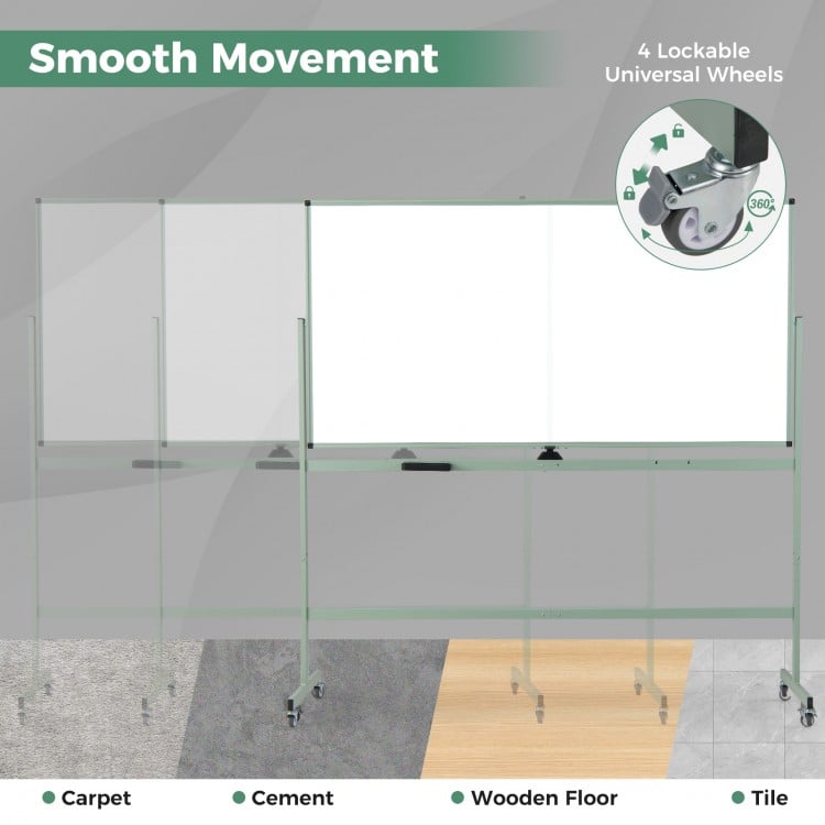 Double-sided magnetic whiteboard on wheels with aluminum frame, featuring 360° rotation and 4 lockable casters for.