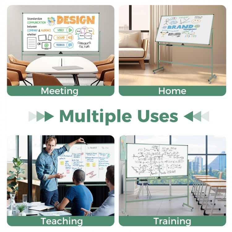 Double-sided magnetic whiteboard on wheels with aluminum frame, ideal for meetings, teaching, and home use.