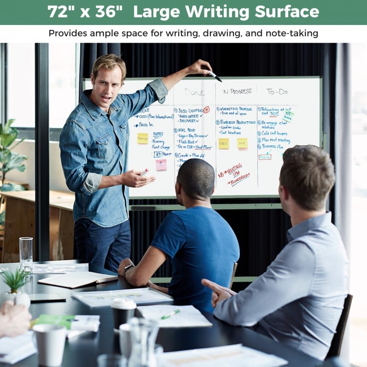 Double-sided magnetic whiteboard on wheels, 72" x 36", ideal for offices and classrooms with 360° rotation and sturdy.