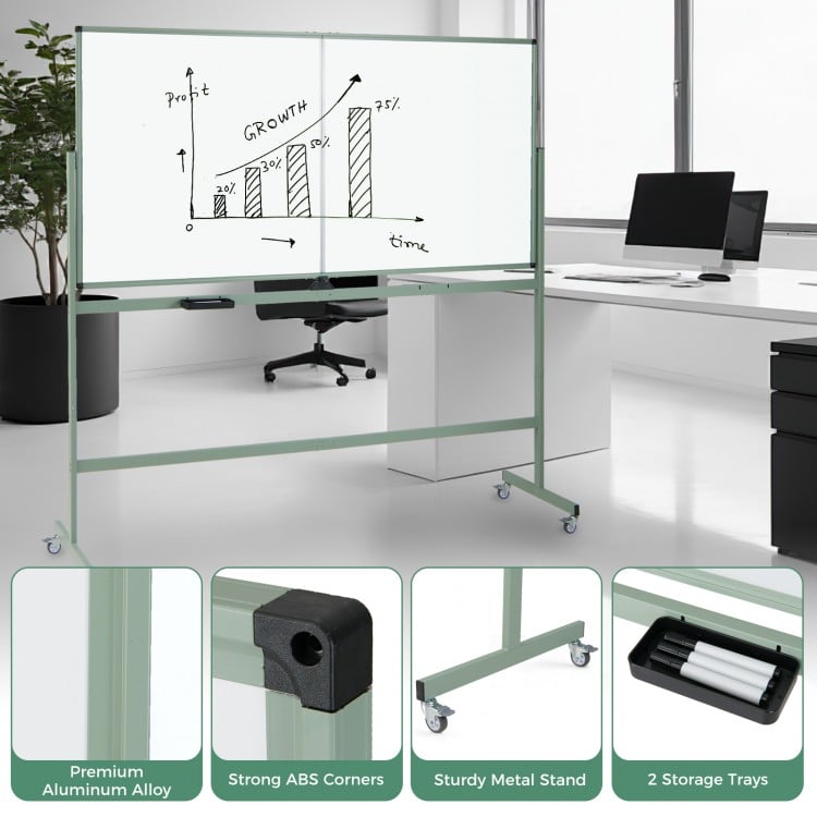 Rolling double-sided magnetic whiteboard on wheels with aluminum alloy frame, ideal for office and classroom use.