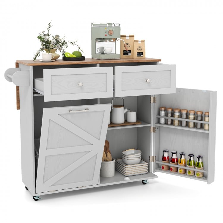 Rolling kitchen island in grey with drop leaf top, storage drawers, and trash can cabinet, perfect for versatile.