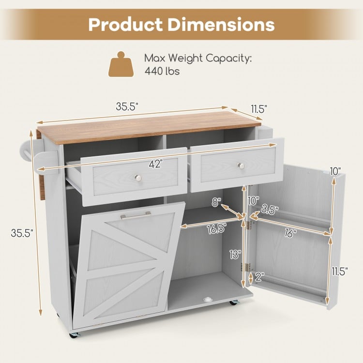 Rolling kitchen island dimensions with a spacious top, two drawers, and a tilt-out trash cabinet for versatile storage.