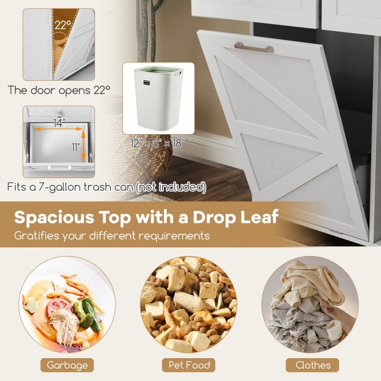 Rolling kitchen island with a drop leaf top, 22° tilt-out trash cabinet, and rubber wheels for easy mobility.