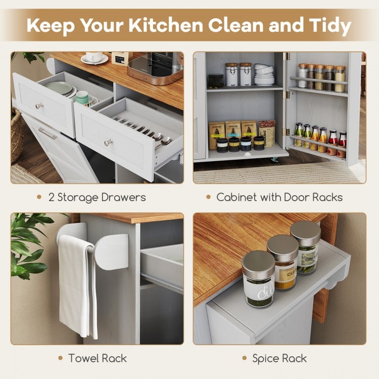 Rolling kitchen island featuring storage drawers, towel rack, and spice rack, perfect for kitchen organization in grey.