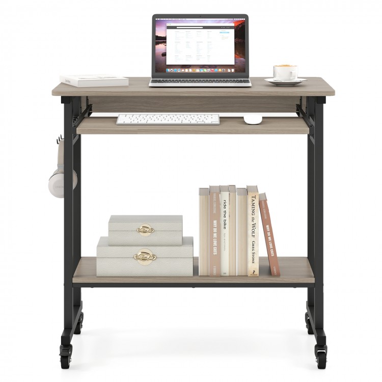 Rolling laptop table in grey with pull-out keyboard tray, hooks, and bottom shelf for convenient storage.