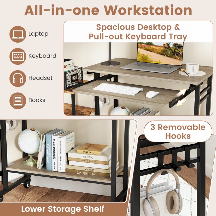 Rolling laptop table in grey with pull-out keyboard tray, 3 hooks, and lower shelf for convenient storage.
