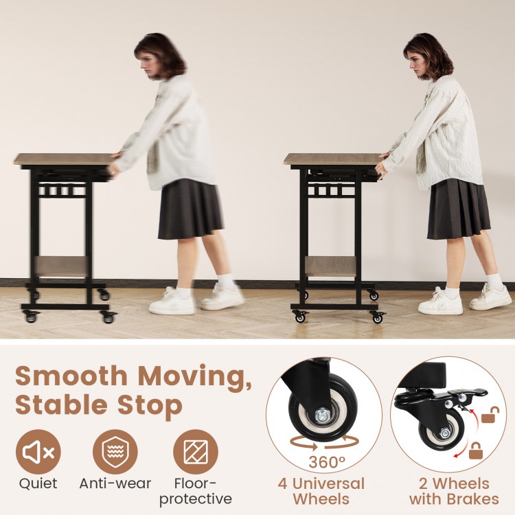 Rolling laptop table with pull-out keyboard tray and hooks, featuring smooth wheels and sturdy construction for easy.