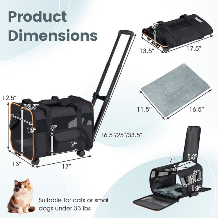 Rolling pet carrier with telescopic pull rod, breathable mesh, and soft pad, ideal for travel with small dogs or cats.