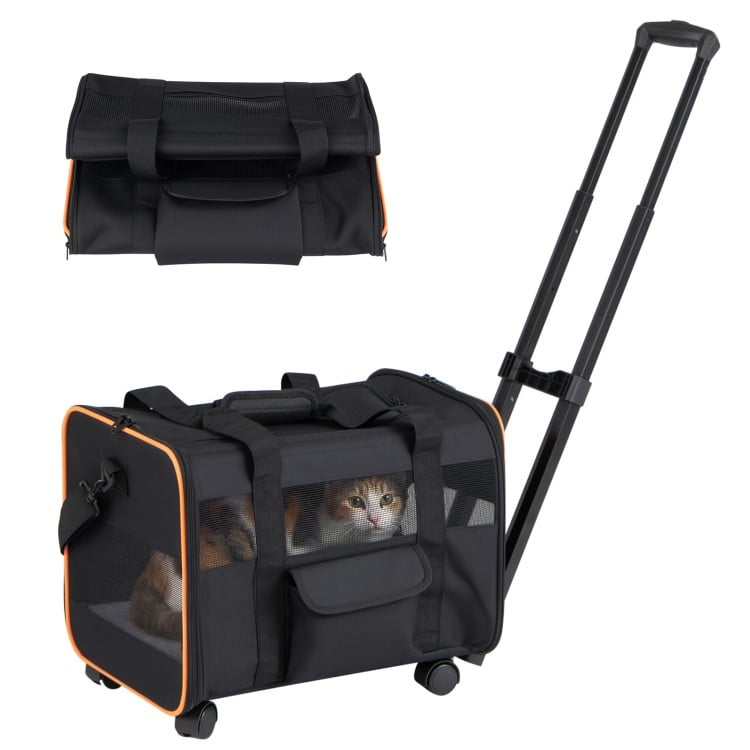 Rolling pet carrier with breathable mesh windows, soft pad, and telescopic pull rod for easy travel with pets.