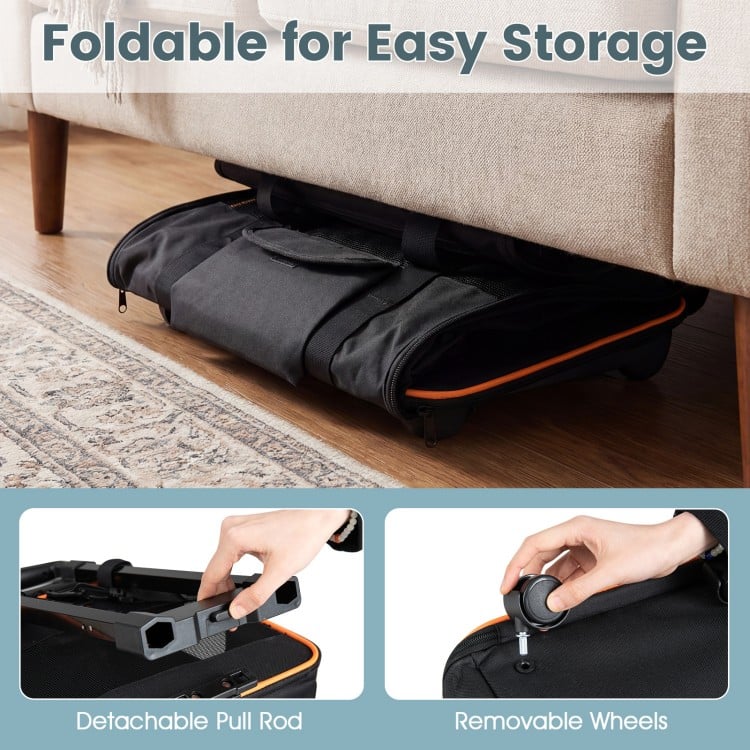 Foldable rolling pet carrier with detachable pull rod and removable wheels for easy storage and transport.