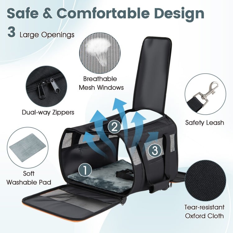 Rolling pet carrier with breathable mesh windows, soft washable pad, and dual-way zippers for easy access and comfort.