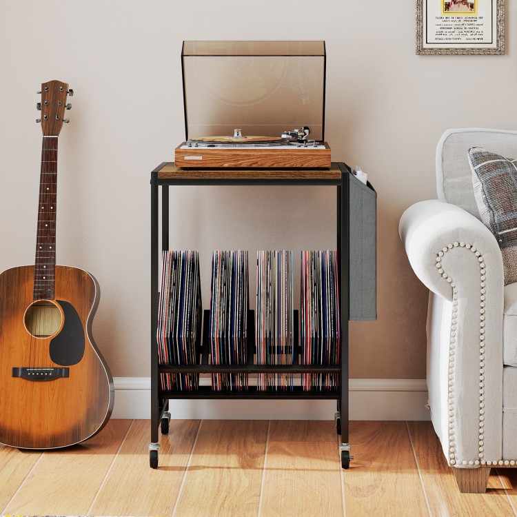 Rolling record player stand in rustic brown with vinyl storage, featuring a wide tabletop and smooth rolling wheels.