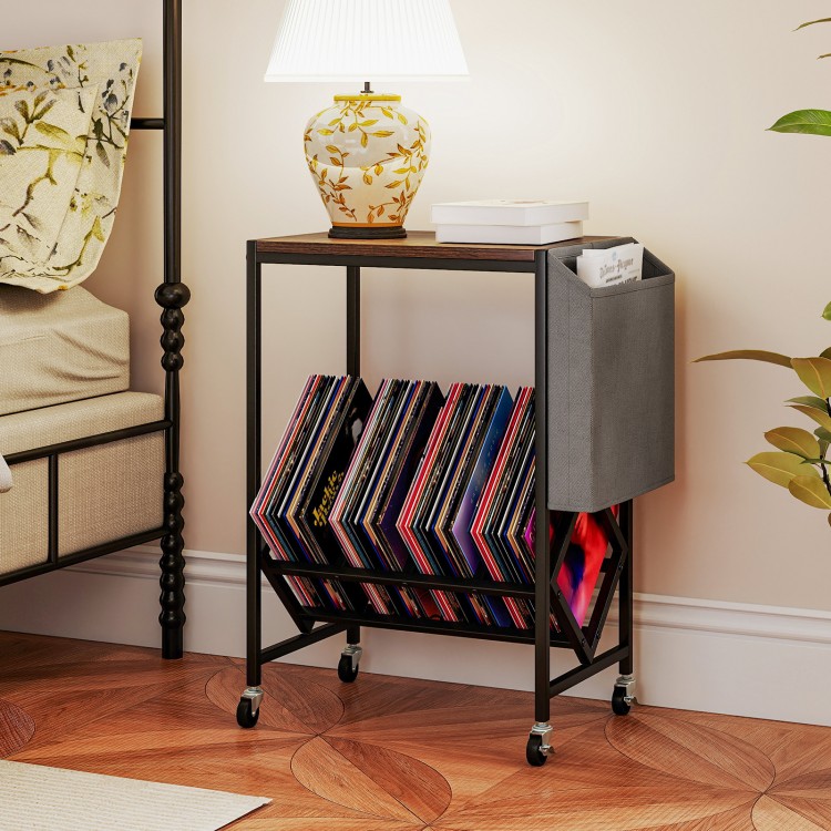 Rolling record player stand in rustic brown with vinyl storage, magazine holder, and smooth rolling wheels for easy.