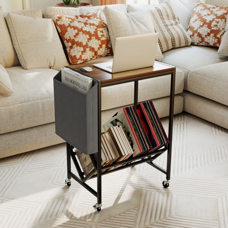 Rolling record player stand in rustic brown with magazine holder pouch, featuring a sturdy metal frame and smooth.