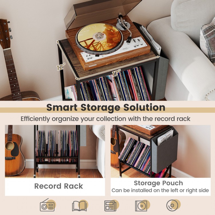 Rolling record player stand in rustic brown with vinyl storage and magazine holder, perfect for organizing your.